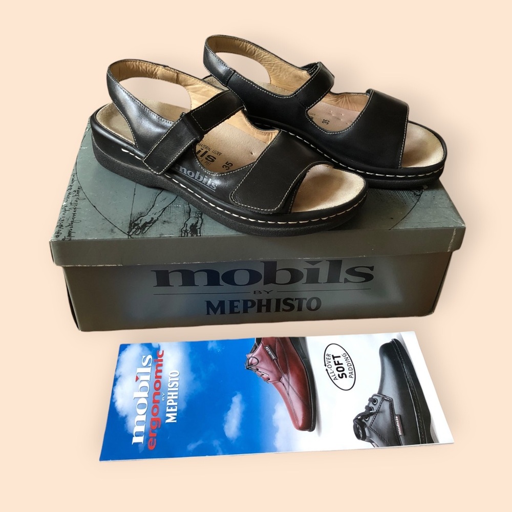 Mobils by Mephisto Nita Black Moccalf 2000 Leather Comfort Sandals Women 35 / 5